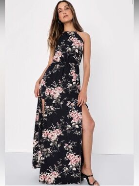 Lulus Feel the Music Midnight Blue Floral Print Maxi Dress Sz L